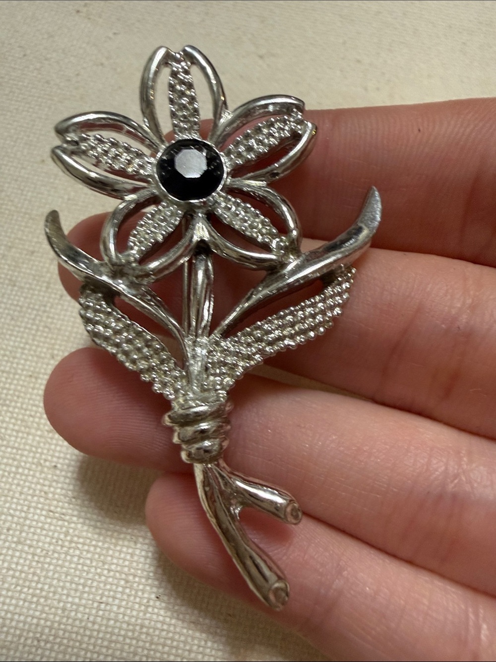 Sarah Coventry Floral Brooch with Black Center Stone Brooch